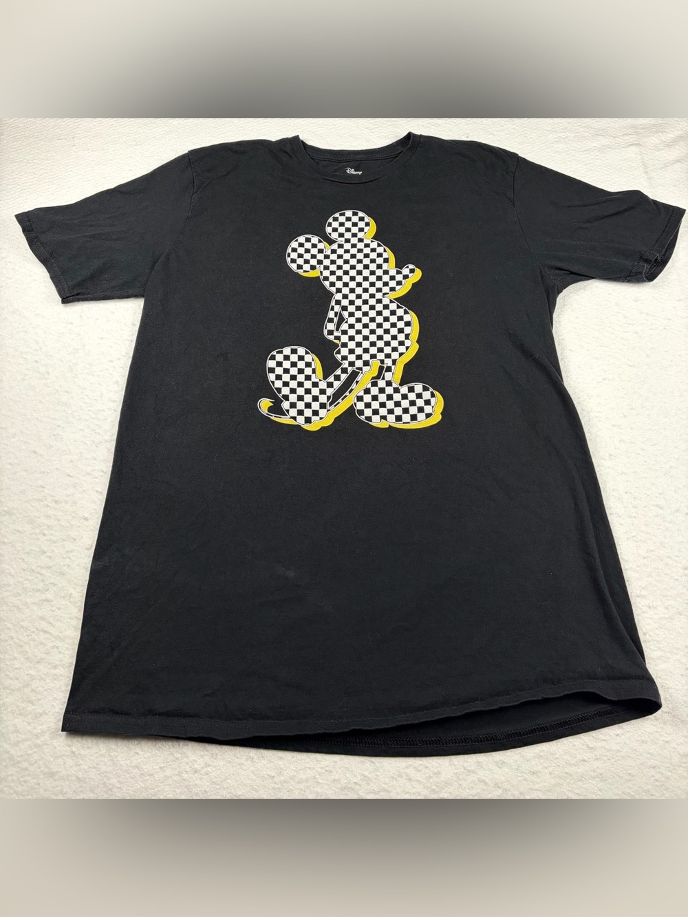 Disney Black T-Shirt with Checkered Mickey and Yellow Outline